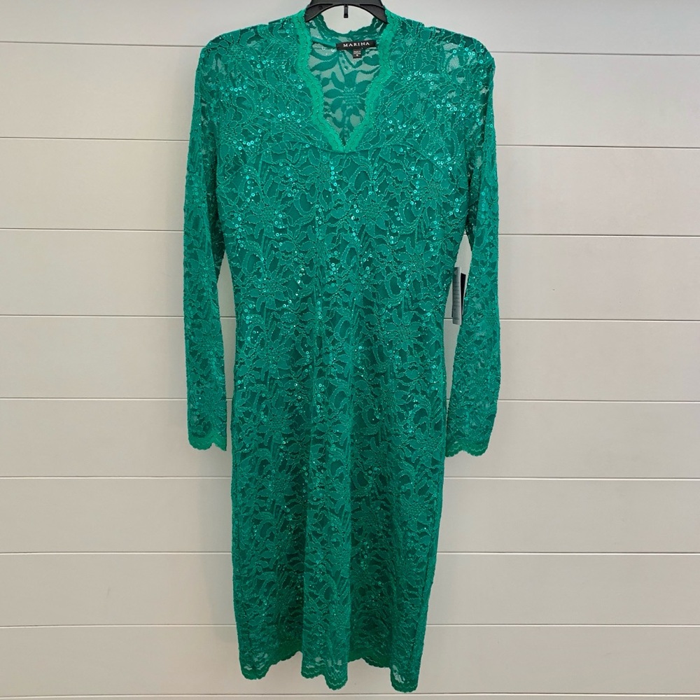 Marina Long-Sleeve Lace Sequin Dress